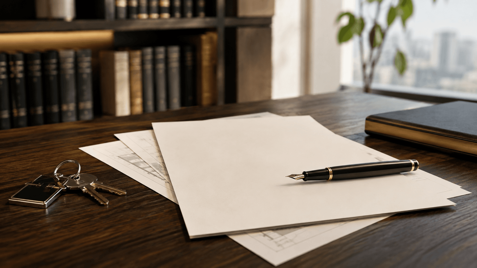 Apartment sale contract, fountain pen and apartment keys on a lawyer's desk